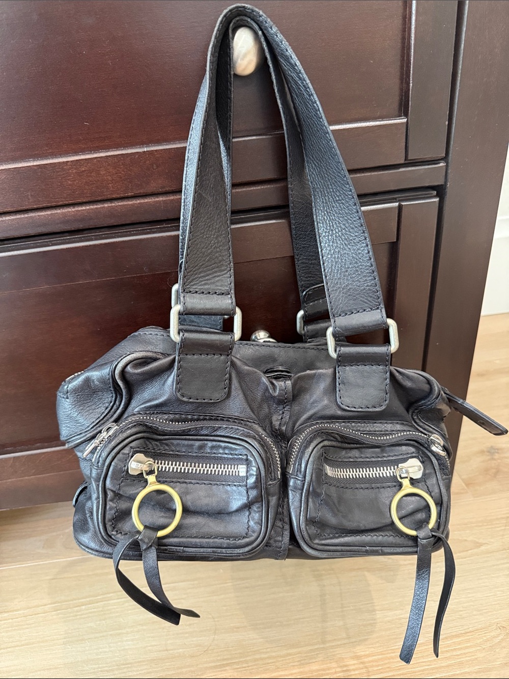 Chloe y2k Black Leather Shoulder Bag with Front Zip Pockets